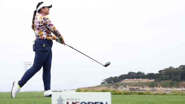 Lilia Vu watches her shot from the 18th tee at the 2023 U.S. Women's Open at Pebble Beach Golf Links in Pebble Beach, Calif.